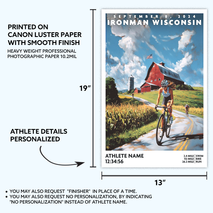 This poster of Ironman Wisconsin depicts a triathlete cycling down a classic Wisconsin road. The Ironman Wisconsin poster is personalized with athlete name, finish time and 140.6 distances. The best gift for an Ironman Triathlete