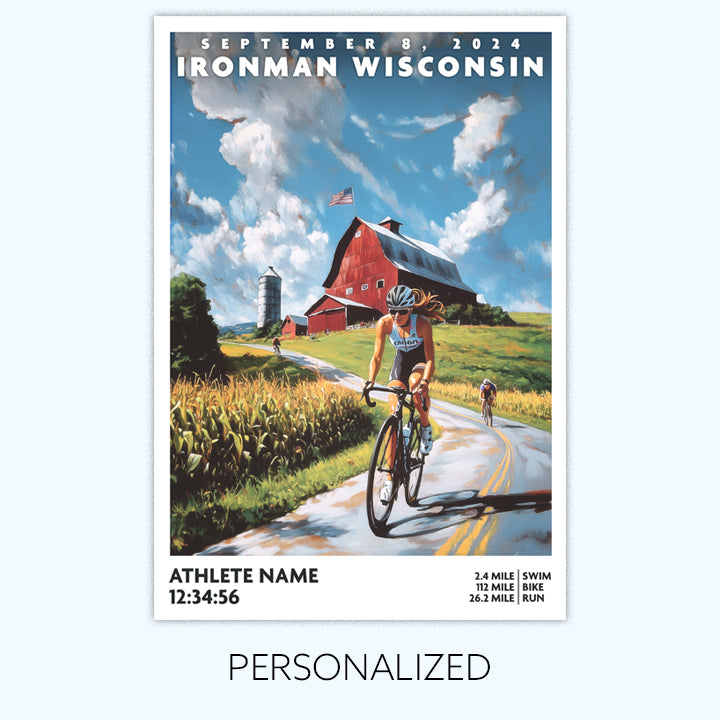 This poster of Ironman Wisconsin depicts a triathlete cycling down a classic Wisconsin road. The Ironman Wisconsin poster is personalized with athlete name, finish time and 140.6 distances. The best gift for an Ironman Triathlete