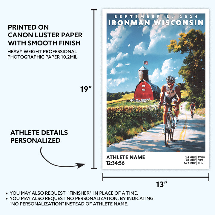 This poster of Ironman Wisconsin depicts a triathlete cycling down a classic Wisconsin road. The Ironman Wisconsin poster is personalized with athlete name, finish time and 140.6 distances. The best gift for an Ironman Triathlete