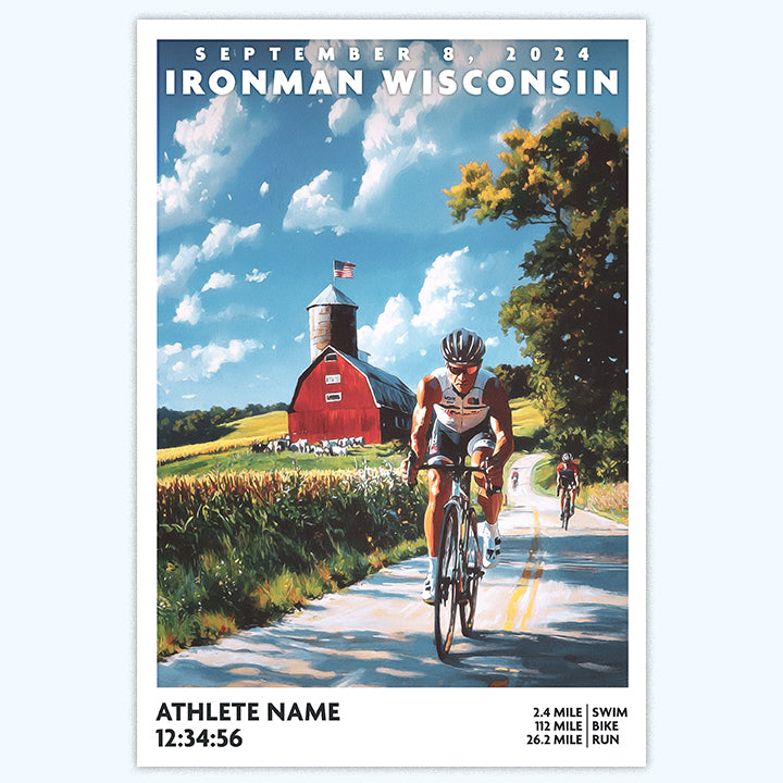 This poster of Ironman Wisconsin depicts a triathlete cycling down a classic Wisconsin road. The Ironman Wisconsin poster is personalized with athlete name, finish time and 140.6 distances. The best gift for an Ironman Triathlete