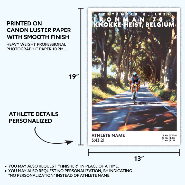 poster of Ironman 70.3 Knokke-Heist, Belgium depicts a triathlete cycling beneath a canopy of trees. The Ironman 70.3 Knokke-Heist poster is personalized with athlete name, finish time and 70.3 distances.