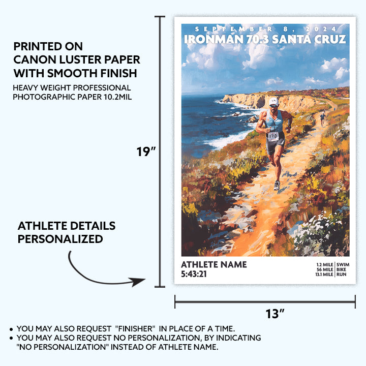 poster of Ironman 70.3 Santa Cruz depicts a male triathlete running along a trail by the coast. The Ironman Santa Cruz  poster is personalized with athlete name, finish time and 70.3 distances.