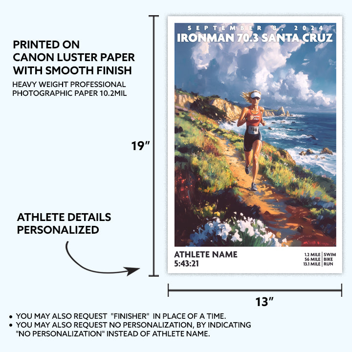 poster of Ironman 70.3 Santa Cruz depicts a triathlete running along a trail by the coast. The Ironman Santa Cruz  poster is personalized with athlete name, finish time and 70.3 distances.