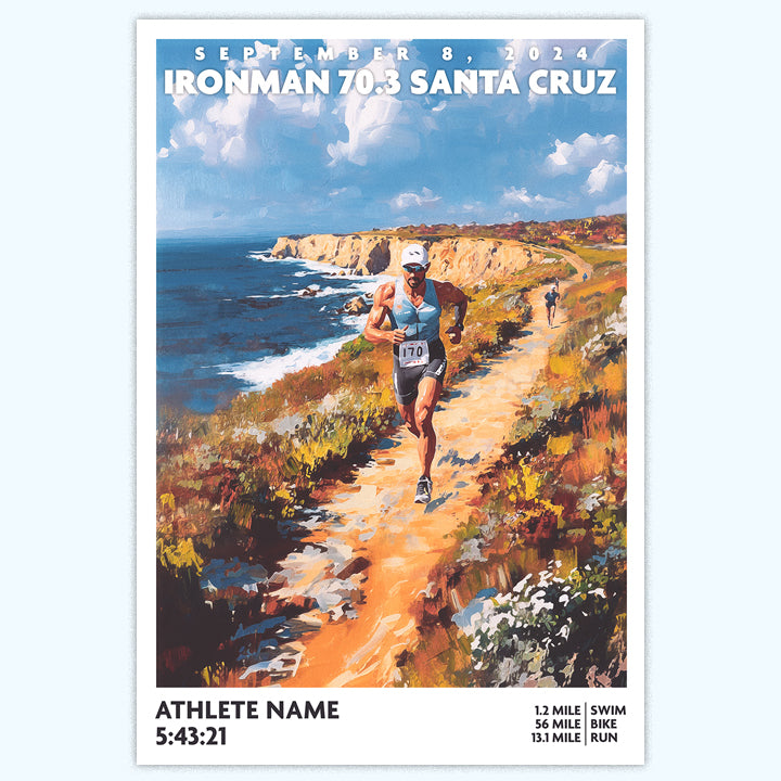 poster of Ironman 70.3 Santa Cruz depicts a male triathlete running along a trail by the coast. The Ironman Santa Cruz  poster is personalized with athlete name, finish time and 70.3 distances.