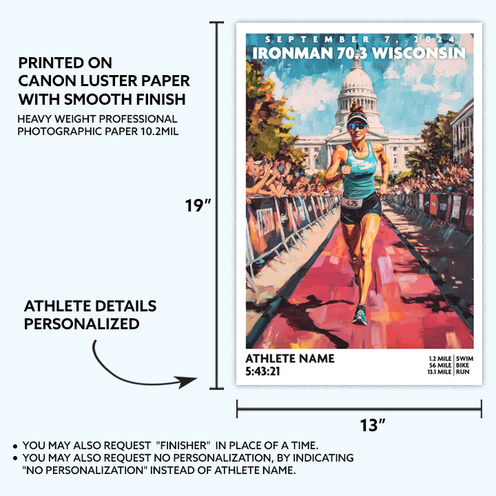 poster of Ironman 70.3 Wisconsin depicts a female triathlete running down the finishing chute just before completing the race. The Ironman Wisconsin poster is personalized with athlete name, finish time and 70.3 distances.